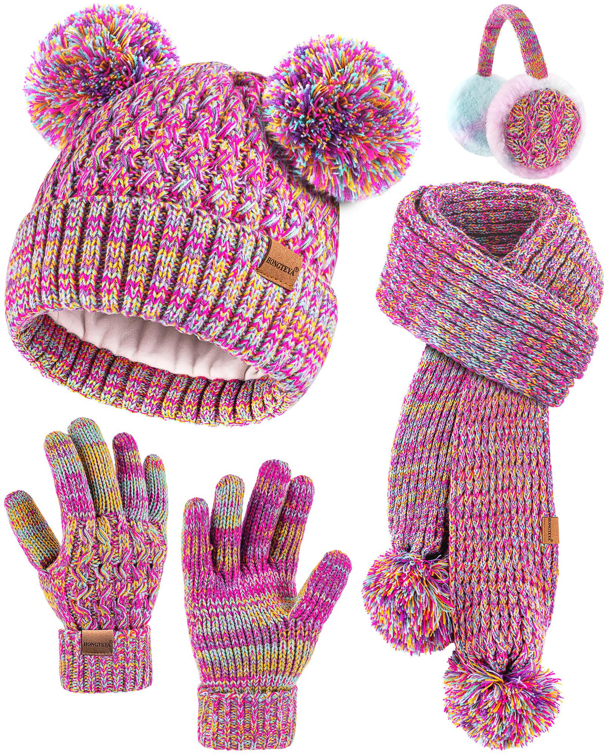 HONGTEYA 4PCS Kids Girls Winter Hat Gloves Scarf Earmuffs Set Aged 3-15Y
