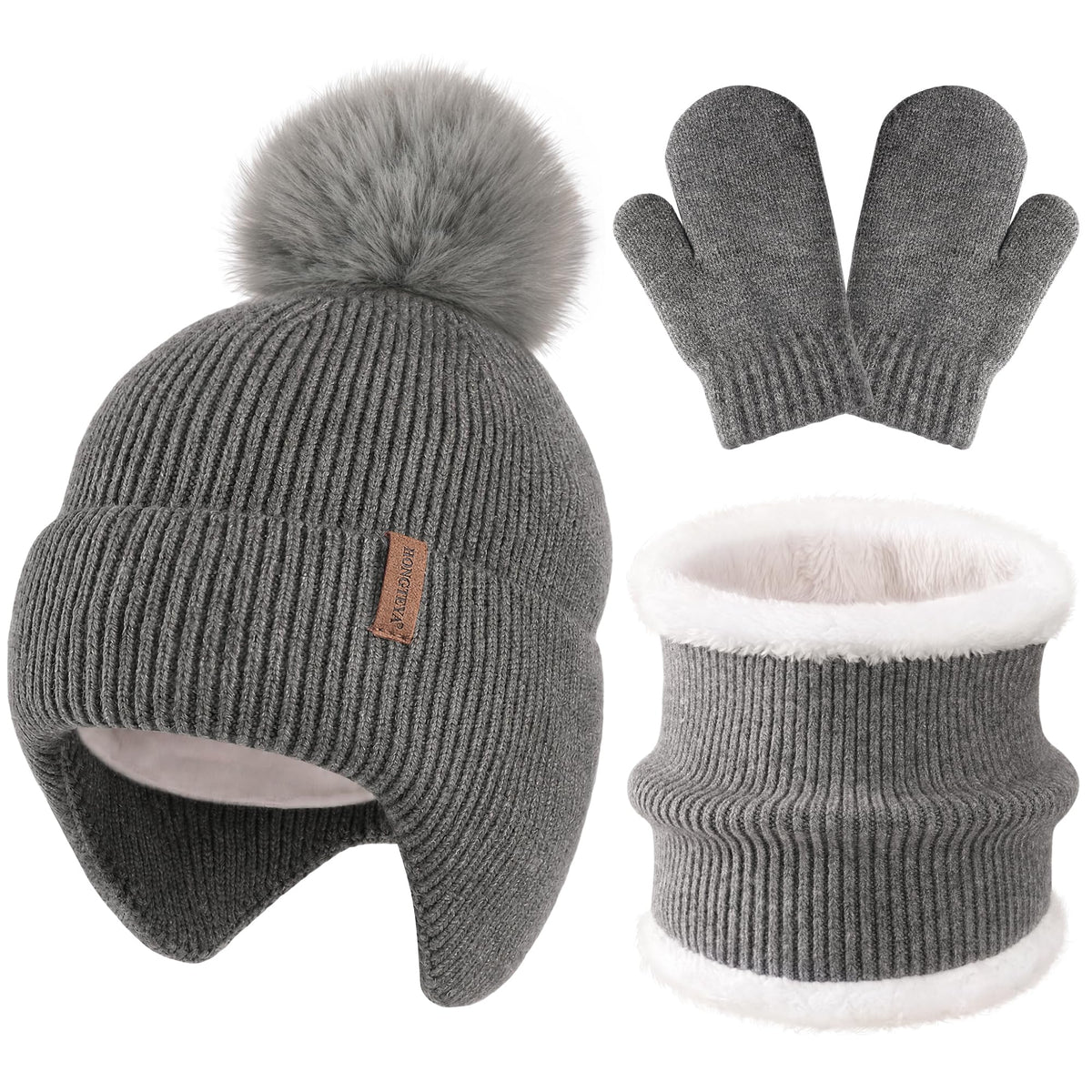 HONGTEYA Toddler Girls Winter Hat Gloves Scarf Set Warm Fleece Lined Knit