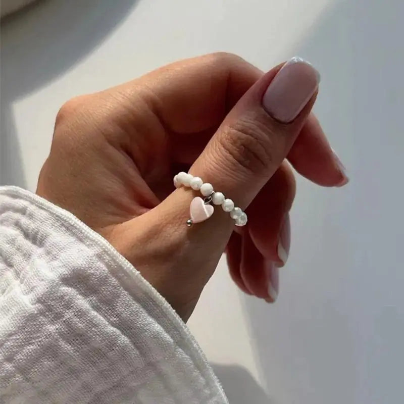 Women's Cute Round Floral Beaded Ring - Dainty Elastic Alloy Band, Adjustable Stackable Costume Jewelry Fashion Gift for Women