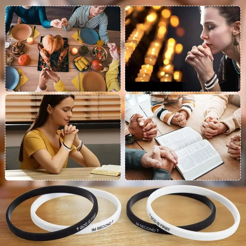 4 Pack Durable Silicone Christian Bracelets, Interchangeable Bible Verses Wristbands for Men Women Teens, Inspirational Faith Expression Jewelry Gift Set, Beautiful bracelets, Bracelets Stacking, God Is First, Im Second
