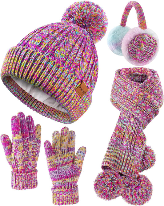 HONGTEYA 4 Pcs Kids Winter Hat Gloves Scarf Set, Thicken Warm Earmuff Neck Warmer Set for Boys Girls 3-15