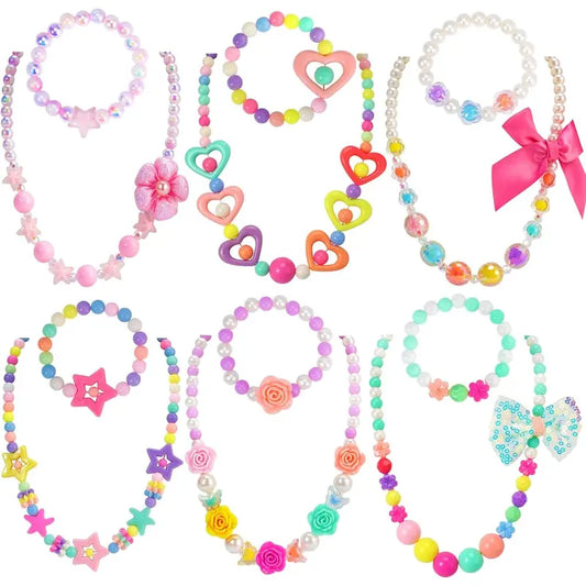 Kids Classic Jewelry, 6 Sets of Beaded Necklaces and Bracelets for Girls, Favors Bags for Girls Jewelry (Classic)
