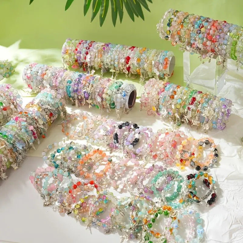 Fashion Glass Elastic Bracelet Set - 17/33Pcs Unisex Wrist Stack with Mixed Pendants (Butterfly, Stars, Cross, Bow Pendants), Flexible Band, Ideal for Daily Casual Wear, Gift-Giving, 33Pcs Mixed, Everyday Use