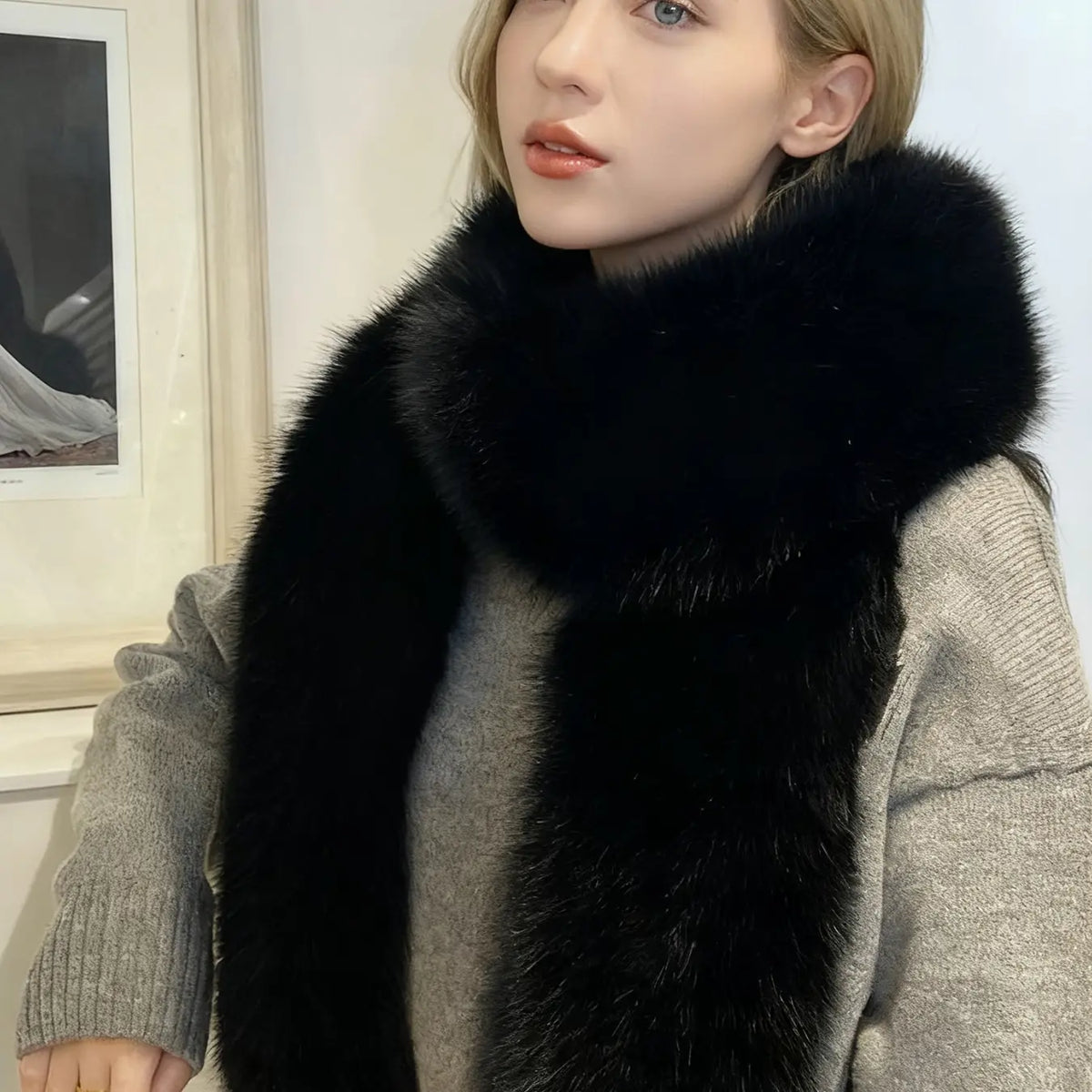 Women's Faux Fox Fur Scarf Wrap, Fluffy Soft Scarf, Thick Warm Fashionable Plush Shawl, Polyester Shawl, Casual Plain Design, Fall & Winter Accessory