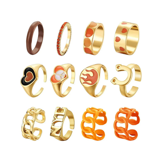12 Pcs Y2K Colorful Rings Acrylic Plastic Resin Rhinestone Gem Alloy Rings Pink Orange Purple Green Heart UFO Flower Ying Yang CZ Square Stackable Cute Chunky Gold Trendy for Women Girls