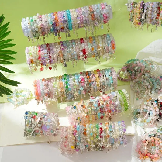 Fashion Glass Elastic Bracelet Set - 17/33Pcs Unisex Wrist Stack with Mixed Pendants (Butterfly, Stars, Cross, Bow Pendants), Flexible Band, Ideal for Daily Casual Wear, Gift-Giving, 33Pcs Mixed, Everyday Use
