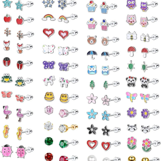 51Pairs Kids Earrings, for Girls Stud Earring Stacking Set With Hypoallergenic Stainless Steel Ear Needles, Coloured CZ Animals Flower Star Heart Shaped Earrings Jewellery Gifts, Kids Costume Jewelry, Ear Accessories