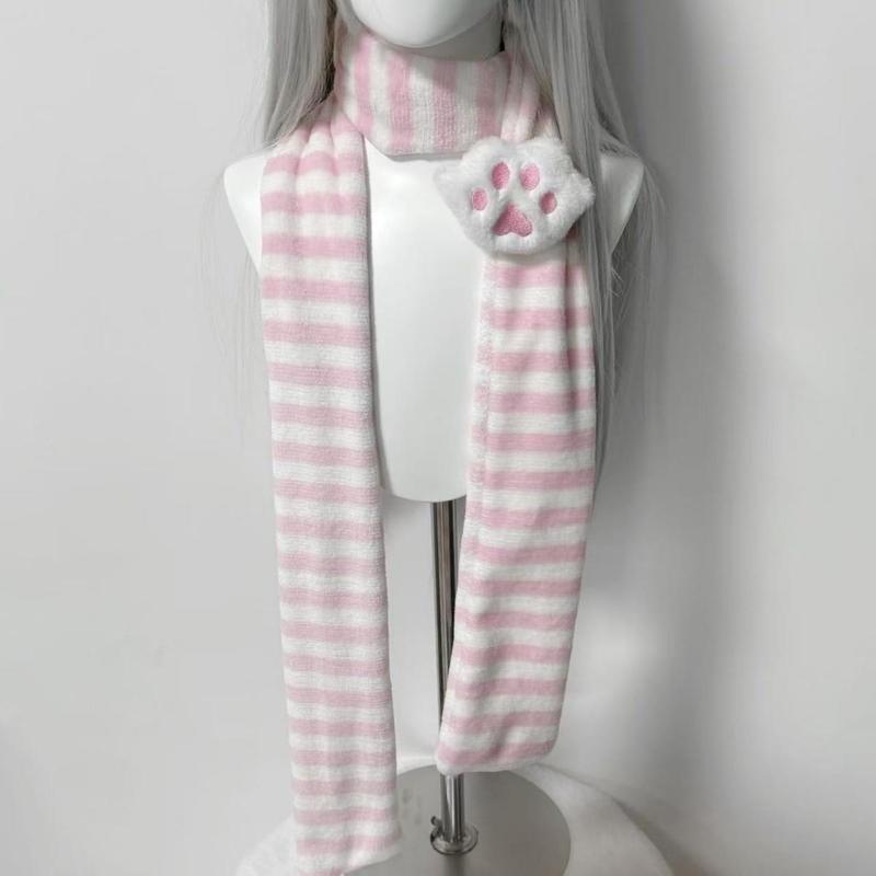 Korean Harajuku Striped Pink Cute New Scarf for Women Japanese Sweet Cat Paw Striped Wrap Warm Woman Scarf Y2k Accessories