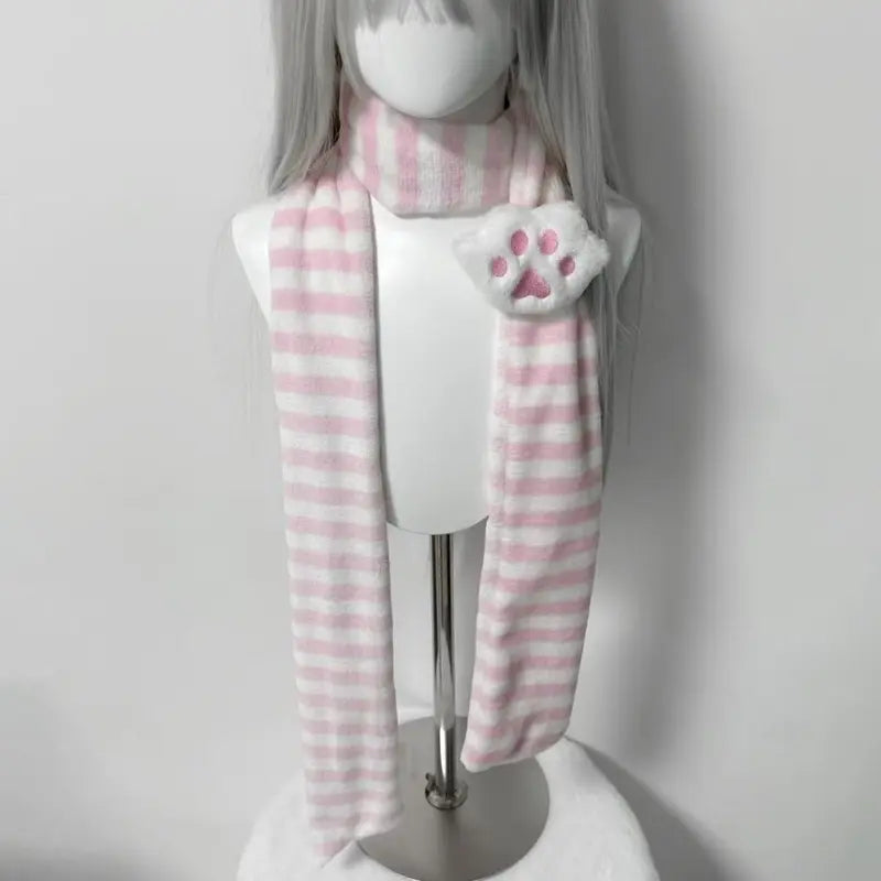 Korean Harajuku Striped Pink Cute New Scarf for Women Japanese Sweet Cat Paw Striped Wrap Warm Woman Scarf Y2k Accessories