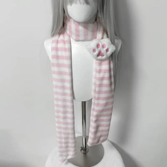 Korean Harajuku Striped Pink Cute New Scarf for Women Japanese Sweet Cat Paw Striped Wrap Warm Woman Scarf Y2k Accessories