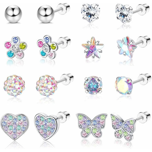Hypoallergenic Earrings for Girls Women Stainless Steel Stud Earrings Hypoallergenic Post Earrings for Sensitive Ears Flat Screw Back Earrings Set Cute Girls Kids Earrings Toddler Earrings Jewelry for Teen Girls Butterfly Earrings