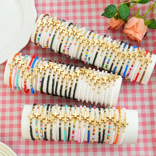20Pcs Unisex Boho Multicolor Assorted Bead Bracelets & Bangles Set - Simple Cross Elastic Bands, Braided Design, Bracelet Stacking, Everyday Wear for Adults, Casual Attire Accessory, Religious Gift