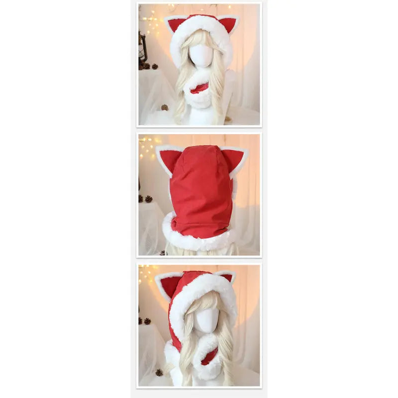 Cute Cat Ears Scarf Hood - Plush Faux Fur Women's Winter Hat with Thermal Lined Ears & Neck Warmer for Christmas Festival