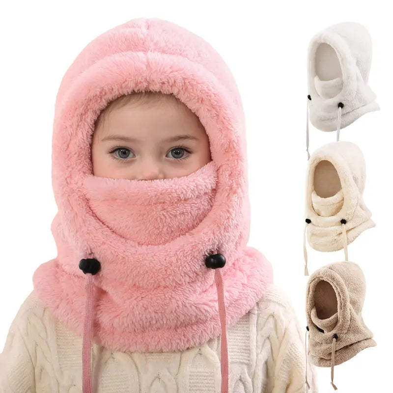 Kids' Windproof Thermal Balaclava Full Face Mask (Ages 3-10) - Soft Fleece, Detachable Hood Collar, Neck Warmer Hat, Motorcycle Protective Gear, Neck-to-Face Cover, Windproof Seal, Hand Wash (Black, Khaki, Pink) - Khaki 1